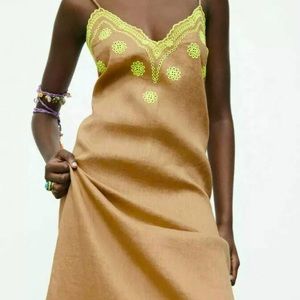 Zara 100% Linen Midi Embroidered Slip Dress